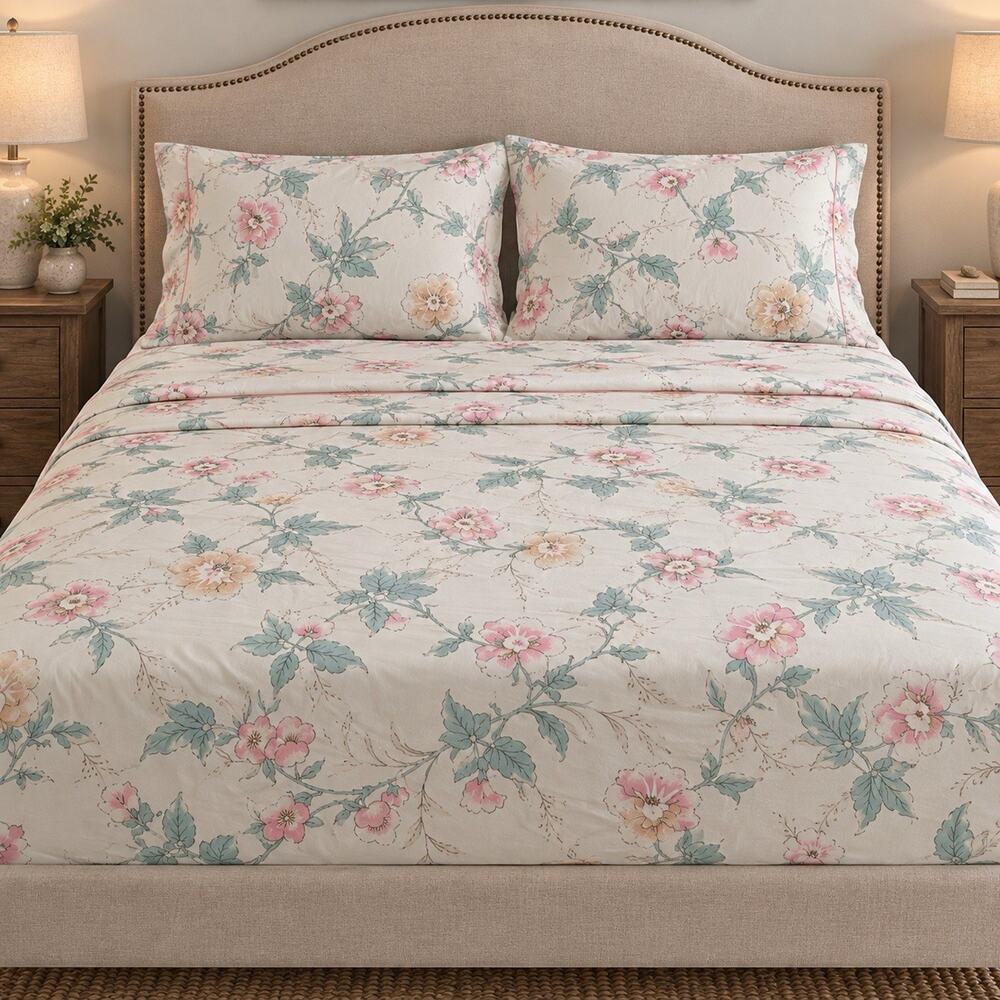 Vintage JP Stevens Queen Size Sheet Set Floral Cottage Core Flat Fitted No Iron